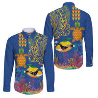 Hawaii Ocean Family Matching Tank Maxi Dress and Hawaiian Shirt Pineapple Turtle and Mango Reef Triggerfish and Kakau Tattoo LT03 Dad's Shirt - Long Sleeve Multicolor - Polynesian Pride