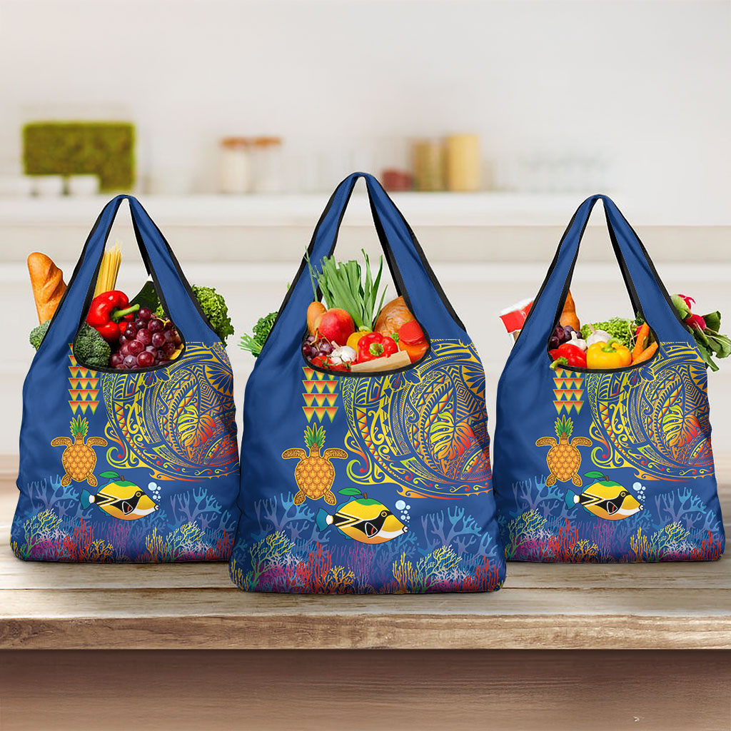 Hawaii Ocean Grocery Bag Pineapple Turtle and Mango Reef Triggerfish and Kakau Tattoo LT03 3-pack One Size Multicolor - Polynesian Pride