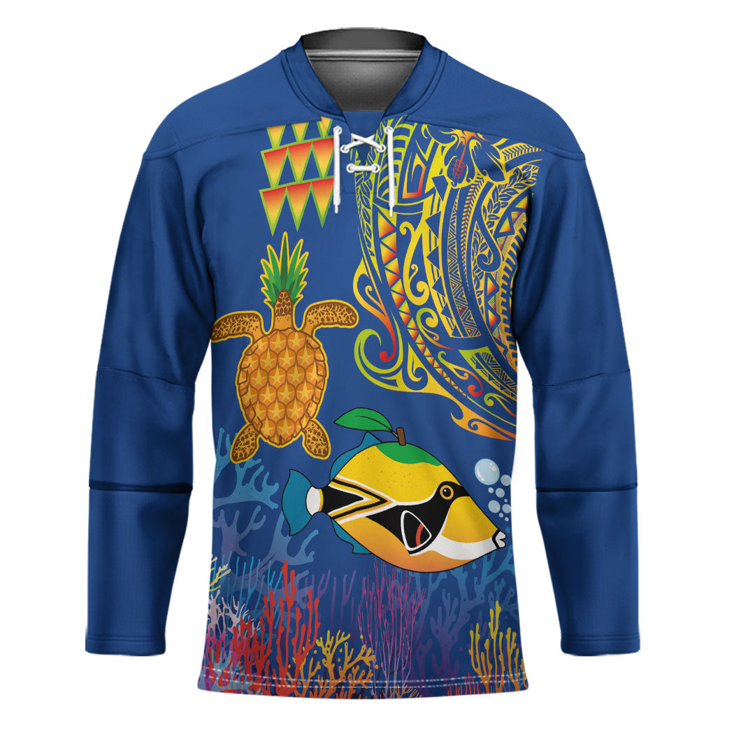 Hawaii Ocean Hockey Jersey Pineapple Turtle and Mango Reef Triggerfish and Kakau Tattoo