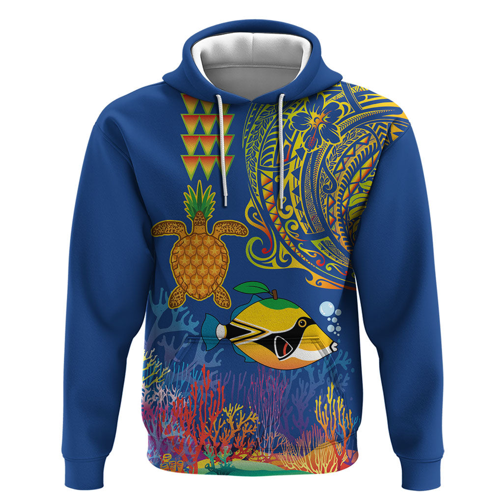Hawaii Ocean Hoodie Pineapple Turtle and Mango Reef Triggerfish and Kakau Tattoo LT03 Pullover Hoodie Multicolor - Polynesian Pride