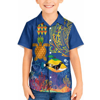 Hawaii Ocean Kid Hawaiian Shirt Pineapple Turtle and Mango Reef Triggerfish and Kakau Tattoo LT03 Kid Multicolor - Polynesian Pride
