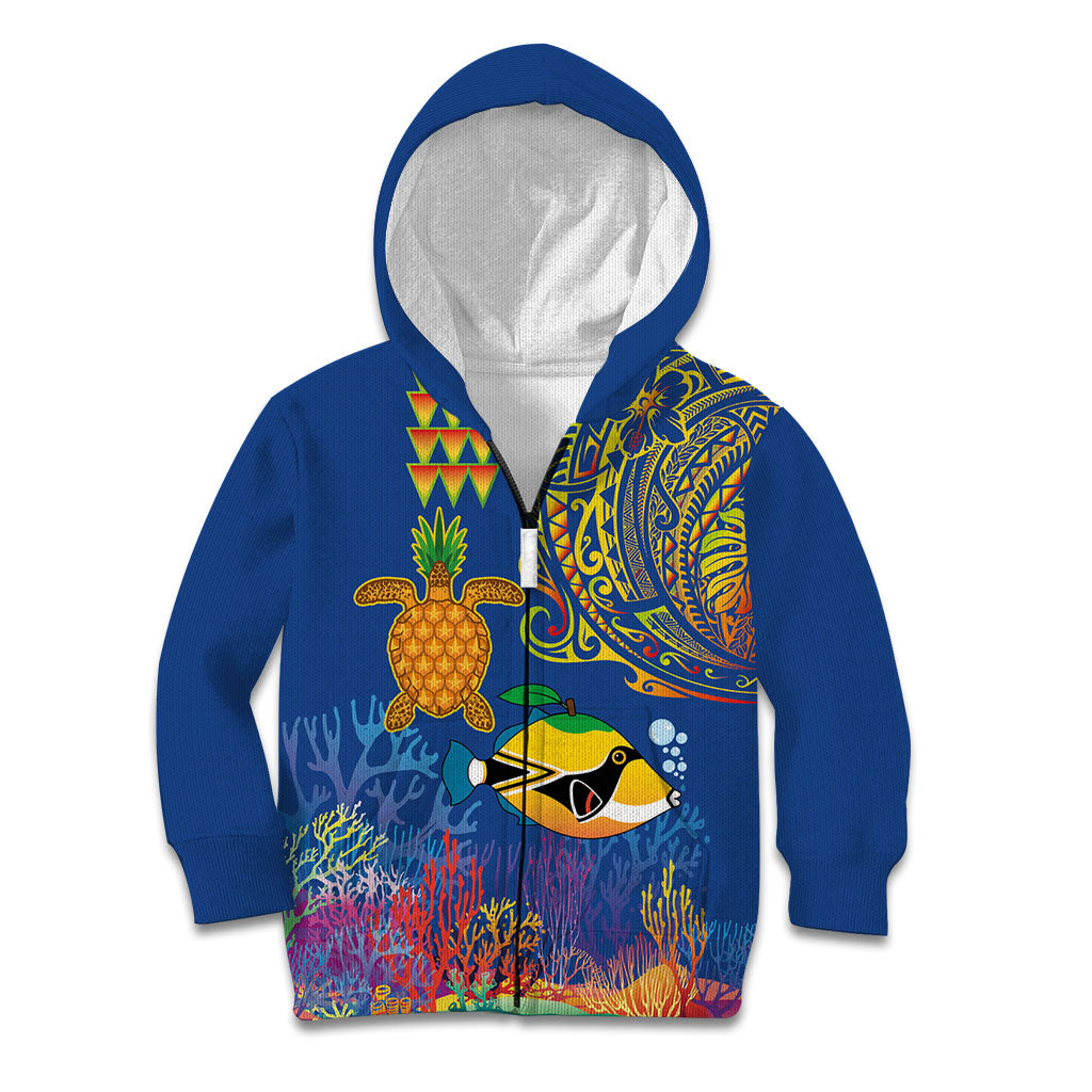 Hawaii Ocean Kid Hoodie Pineapple Turtle and Mango Reef Triggerfish and Kakau Tattoo LT03 Zip Hoodie Multicolor - Polynesian Pride