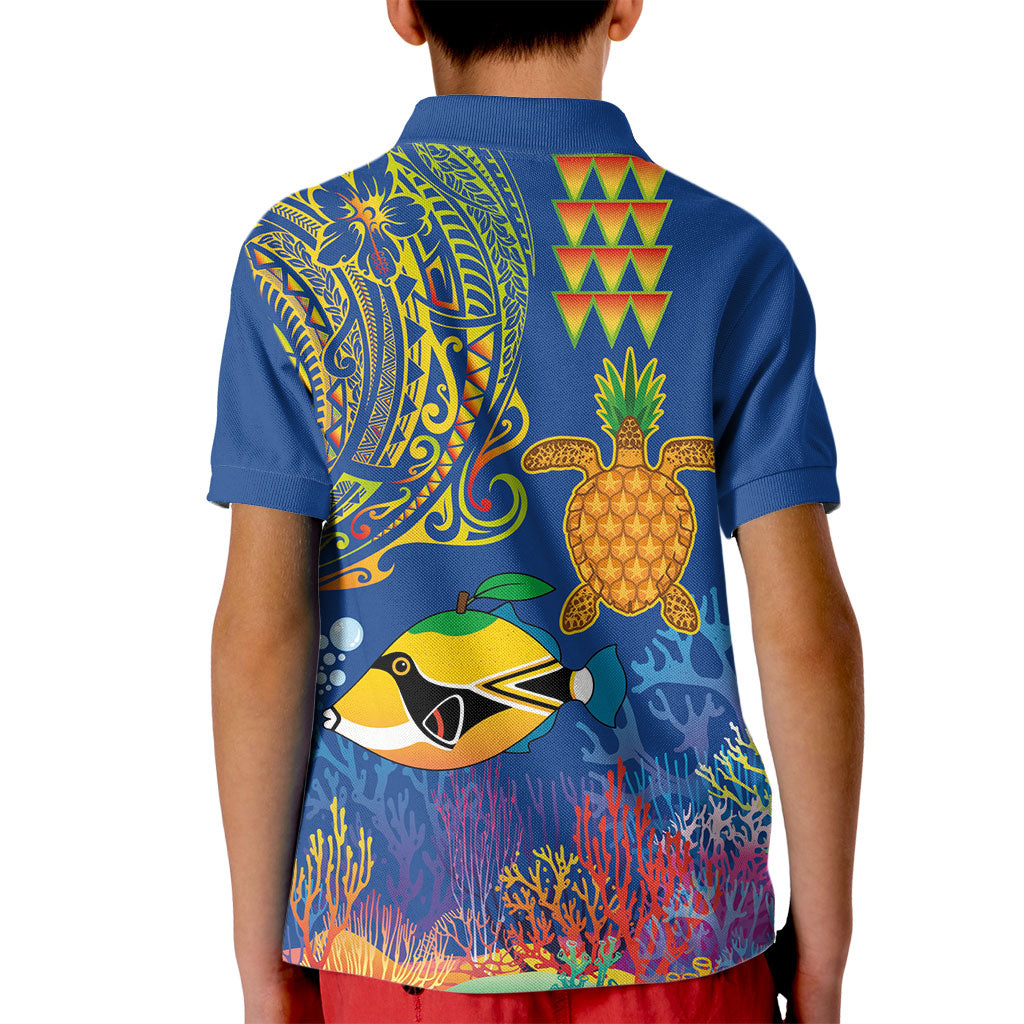 Hawaii Ocean Kid Polo Shirt Pineapple Turtle and Mango Reef Triggerfish and Kakau Tattoo LT03 - Polynesian Pride