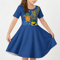 Hawaii Ocean Kid Short Sleeve Dress Pineapple Turtle and Mango Reef Triggerfish and Kakau Tattoo LT03 KID Multicolor - Polynesian Pride