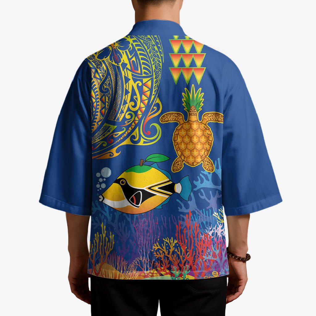 Hawaii Ocean Kimono Pineapple Turtle and Mango Reef Triggerfish and Kakau Tattoo LT03 - Polynesian Pride