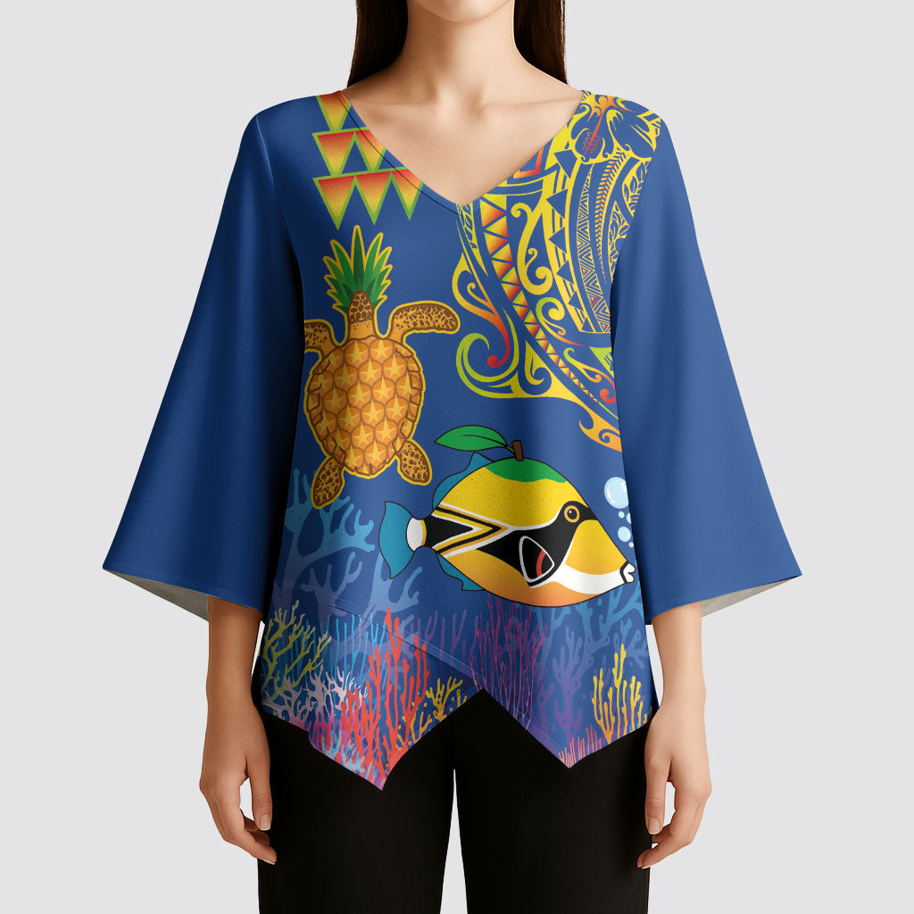 Hawaii Ocean Kimono Sleeve Blouse Pineapple Turtle and Mango Reef Triggerfish and Kakau Tattoo LT03 - Polynesian Pride