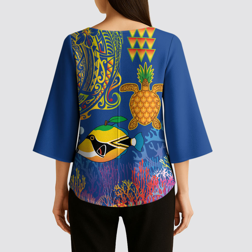 Hawaii Ocean Kimono Sleeve Blouse Pineapple Turtle and Mango Reef Triggerfish and Kakau Tattoo LT03 - Polynesian Pride