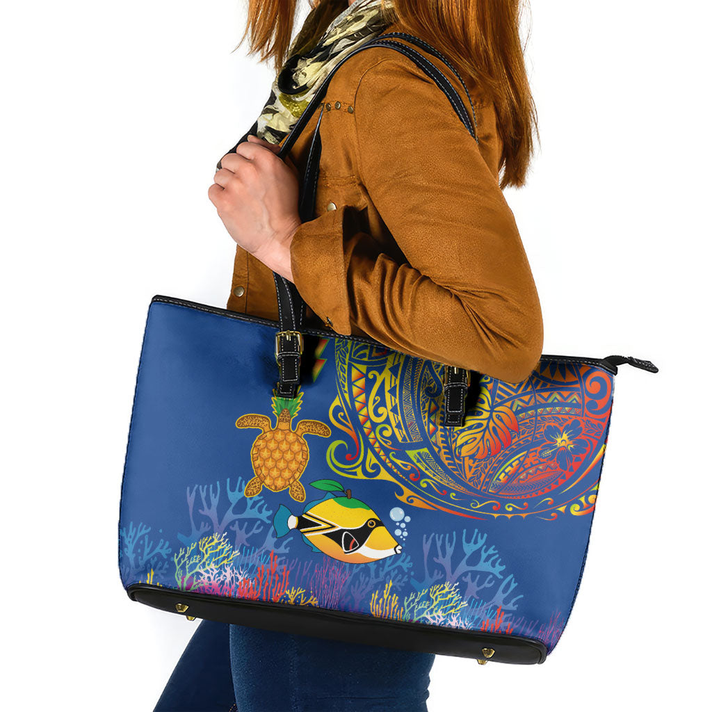 Hawaii Ocean Leather Tote Bag Pineapple Turtle and Mango Reef Triggerfish and Kakau Tattoo LT03 Multicolor - Polynesian Pride