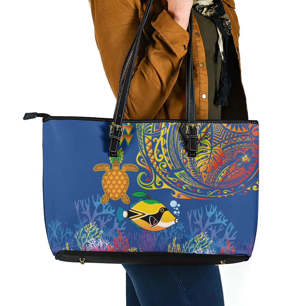 Hawaii Ocean Leather Tote Bag Pineapple Turtle and Mango Reef Triggerfish and Kakau Tattoo LT03 - Polynesian Pride