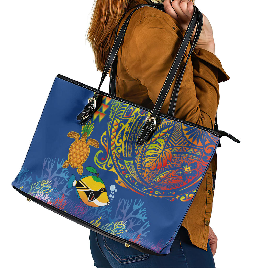 Hawaii Ocean Leather Tote Bag Pineapple Turtle and Mango Reef Triggerfish and Kakau Tattoo LT03 - Polynesian Pride