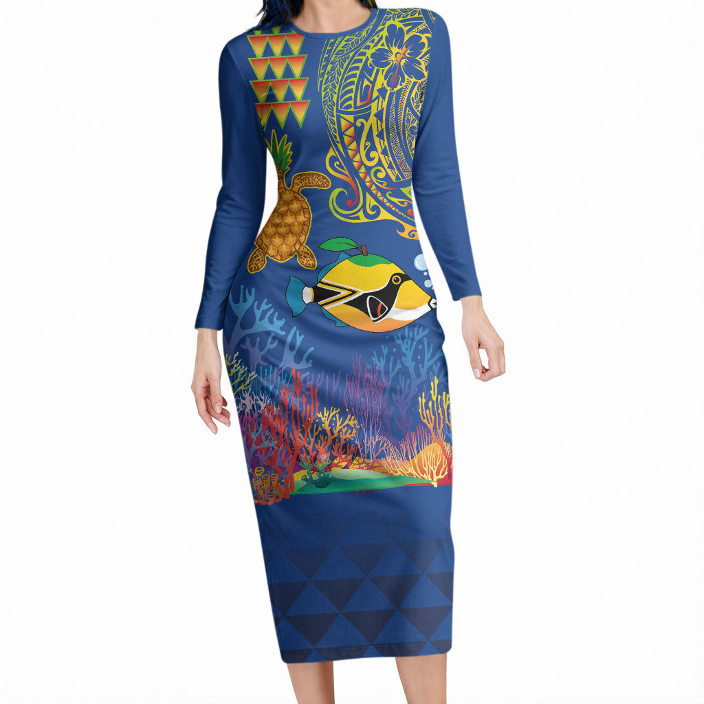Hawaii Ocean Long Sleeve Bodycon Dress Pineapple Turtle and Mango Reef Triggerfish and Kakau Tattoo