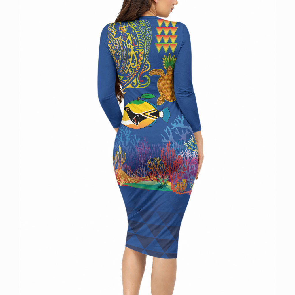 Hawaii Ocean Long Sleeve Bodycon Dress Pineapple Turtle and Mango Reef Triggerfish and Kakau Tattoo LT03 - Polynesian Pride
