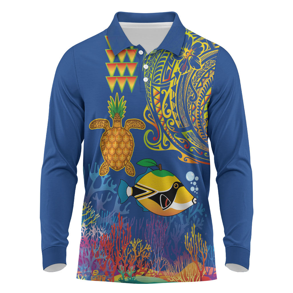 Hawaii Ocean Long Sleeve Polo Shirt Pineapple Turtle and Mango Reef Triggerfish and Kakau Tattoo LT03 Multicolor - Polynesian Pride