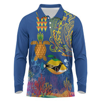 Hawaii Ocean Long Sleeve Polo Shirt Pineapple Turtle and Mango Reef Triggerfish and Kakau Tattoo LT03 Multicolor - Polynesian Pride