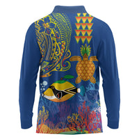 Hawaii Ocean Long Sleeve Polo Shirt Pineapple Turtle and Mango Reef Triggerfish and Kakau Tattoo LT03 - Polynesian Pride