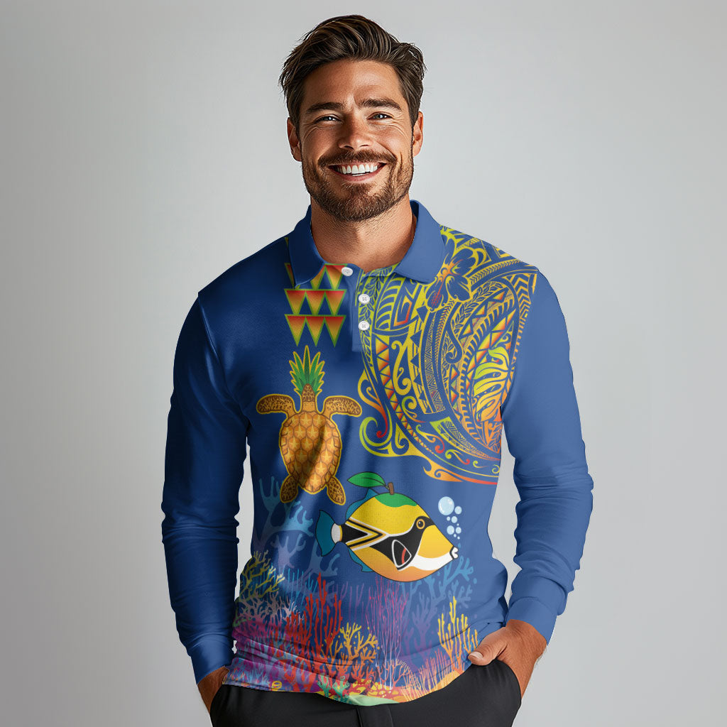 Hawaii Ocean Long Sleeve Polo Shirt Pineapple Turtle and Mango Reef Triggerfish and Kakau Tattoo LT03 - Polynesian Pride