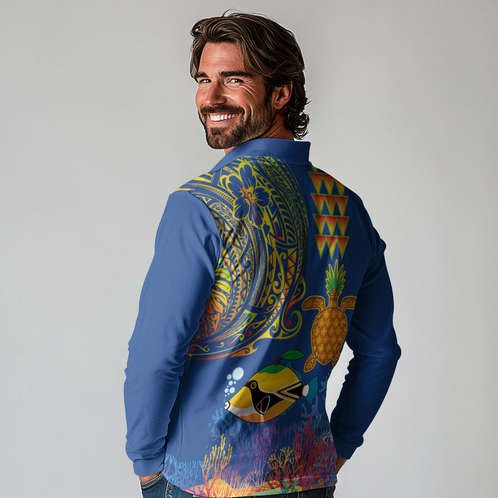 Hawaii Ocean Long Sleeve Polo Shirt Pineapple Turtle and Mango Reef Triggerfish and Kakau Tattoo LT03 - Polynesian Pride