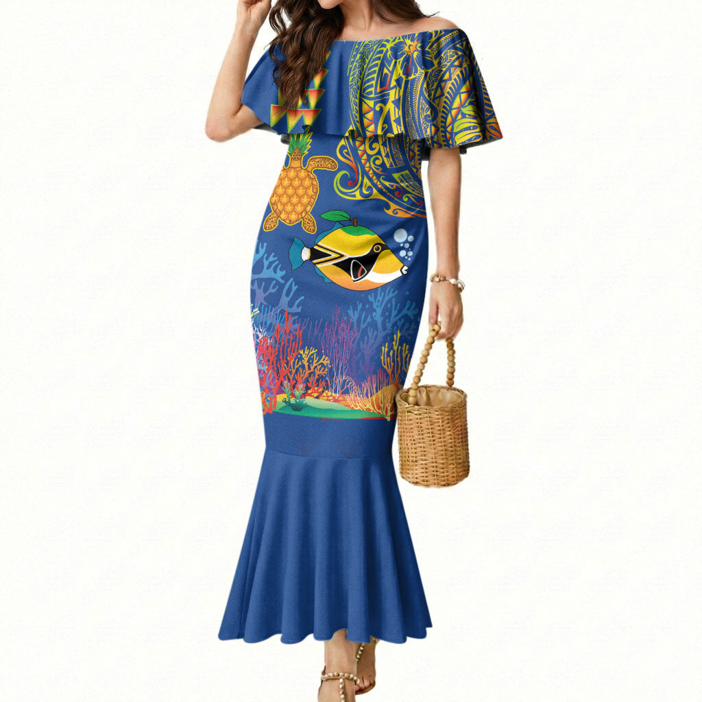 Hawaii Ocean Mermaid Dress Pineapple Turtle and Mango Reef Triggerfish and Kakau Tattoo LT03 Women Multicolor - Polynesian Pride