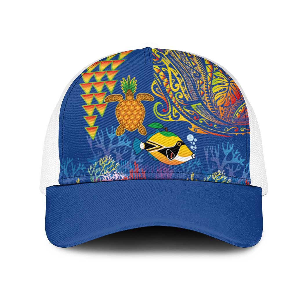 Hawaii Ocean Mesh Trucker Cap Pineapple Turtle and Mango Reef Triggerfish and Kakau Tattoo LT03 One Size White Multicolor - Polynesian Pride