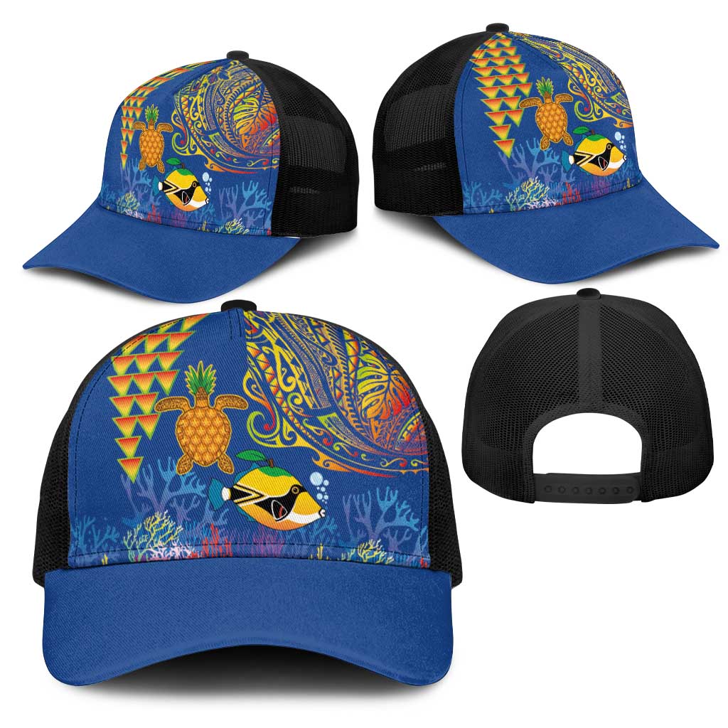 Hawaii Ocean Mesh Trucker Cap Pineapple Turtle and Mango Reef Triggerfish and Kakau Tattoo LT03 - Polynesian Pride