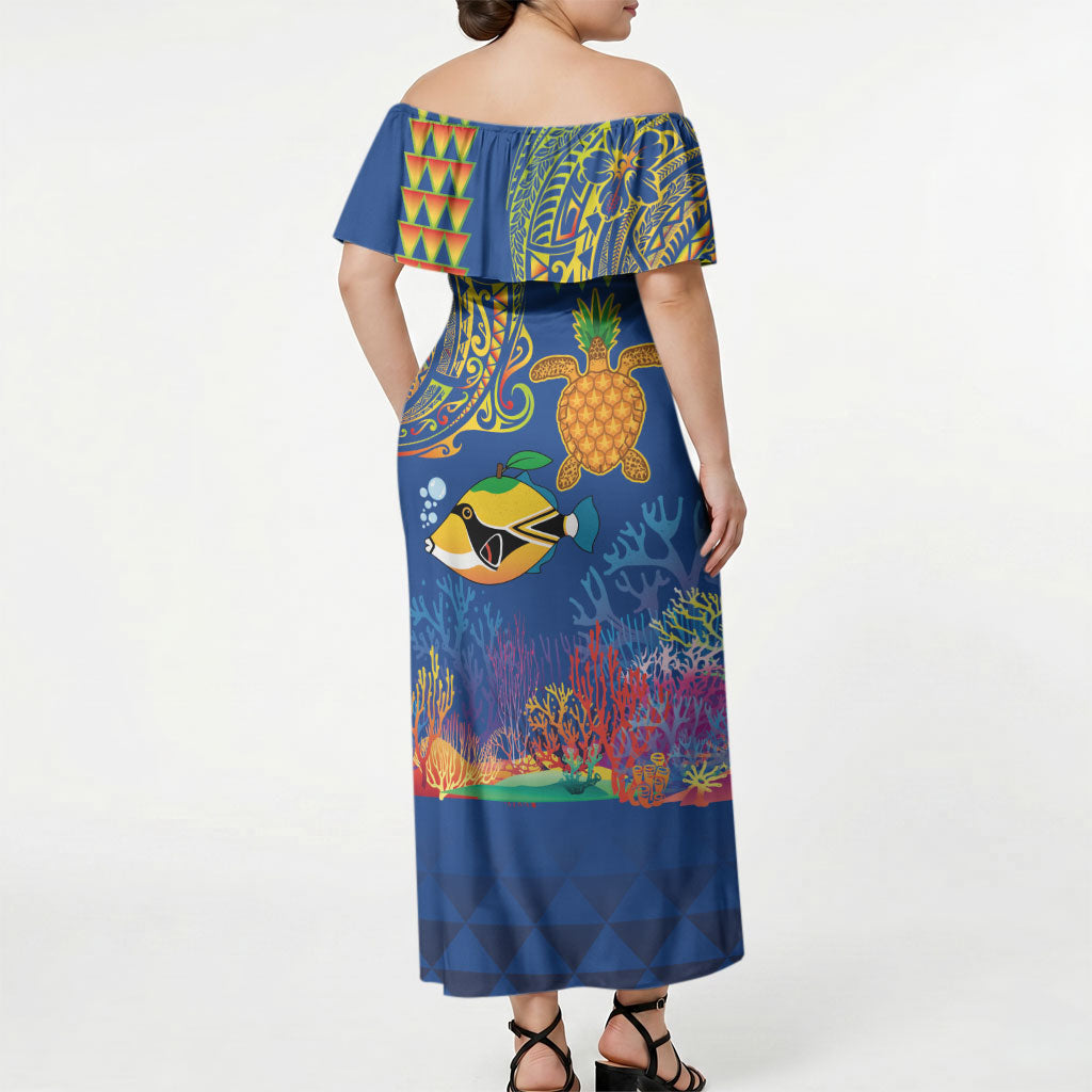 Hawaii Ocean Off Shoulder Maxi Dress Pineapple Turtle and Mango Reef Triggerfish and Kakau Tattoo LT03 - Polynesian Pride