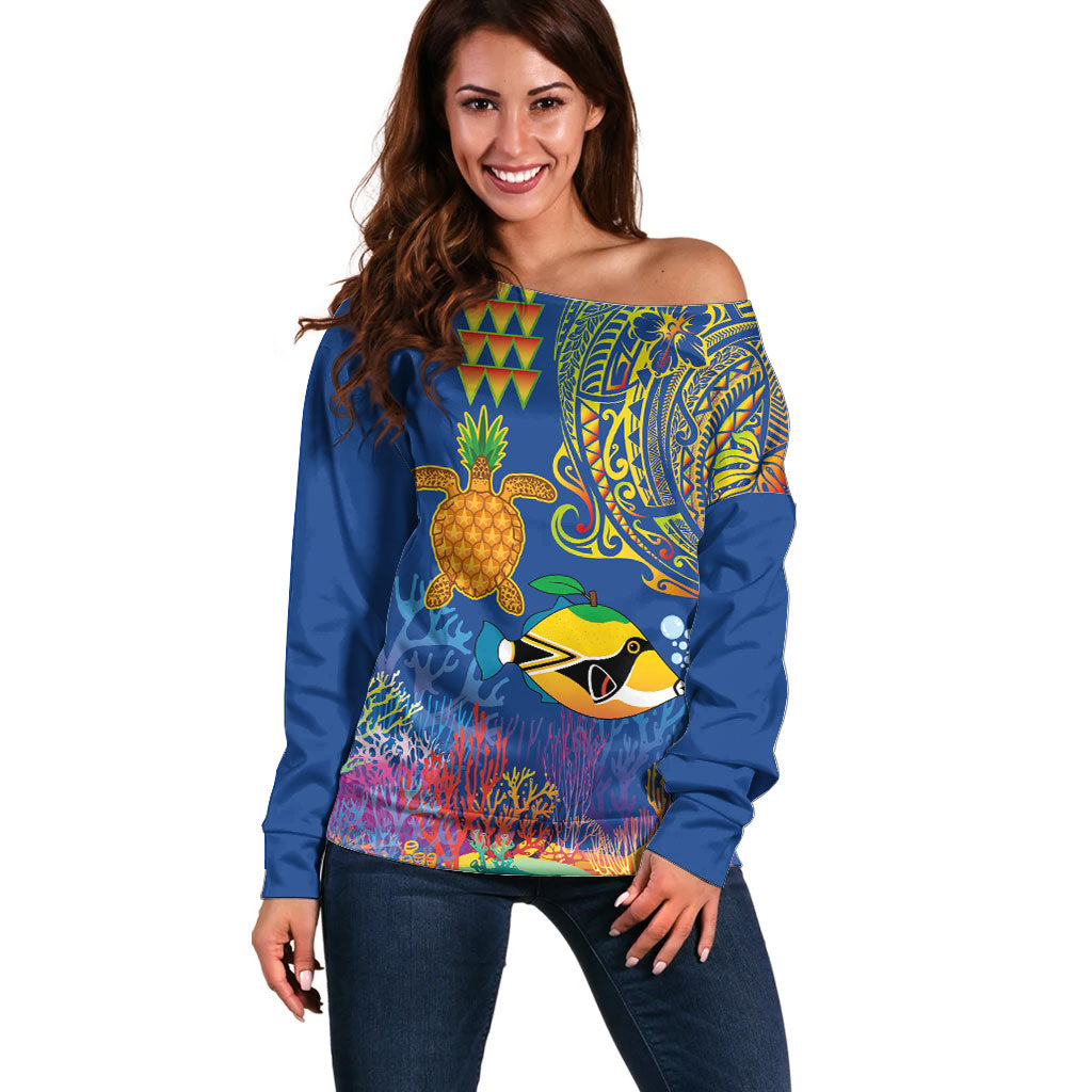Hawaii Ocean Off Shoulder Sweater Pineapple Turtle and Mango Reef Triggerfish and Kakau Tattoo LT03 Women Multicolor - Polynesian Pride