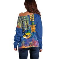 Hawaii Ocean Off Shoulder Sweater Pineapple Turtle and Mango Reef Triggerfish and Kakau Tattoo LT03 - Polynesian Pride