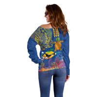 Hawaii Ocean Off Shoulder Sweater Pineapple Turtle and Mango Reef Triggerfish and Kakau Tattoo LT03 - Polynesian Pride