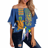 Hawaii Ocean Off Shoulder Wrap Waist Top Pineapple Turtle and Mango Reef Triggerfish and Kakau Tattoo LT03 Multicolor - Polynesian Pride