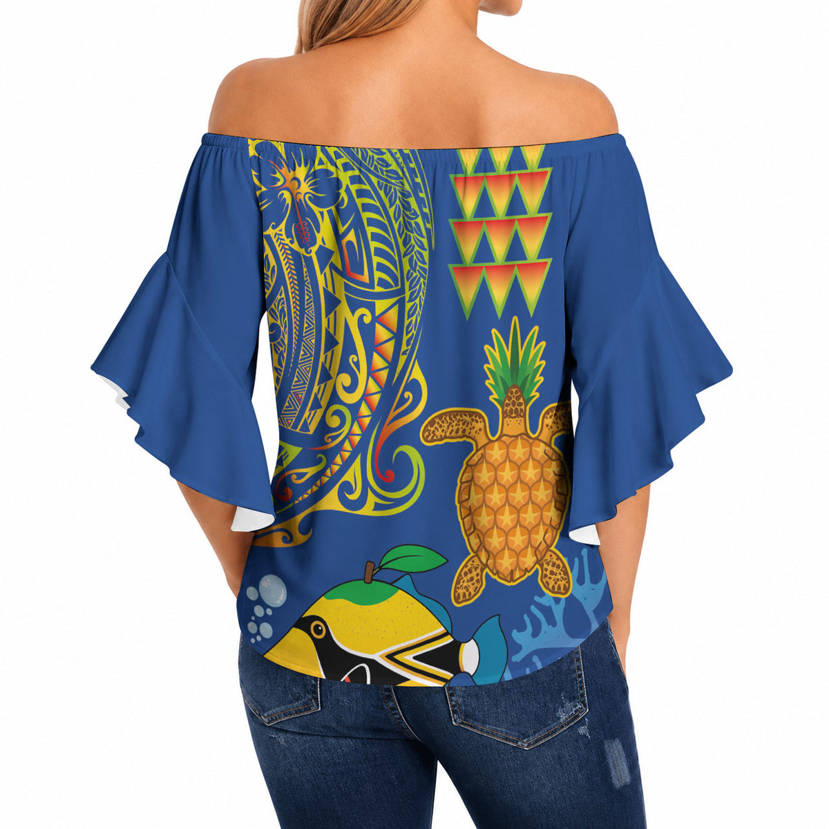 Hawaii Ocean Off Shoulder Wrap Waist Top Pineapple Turtle and Mango Reef Triggerfish and Kakau Tattoo LT03 - Polynesian Pride