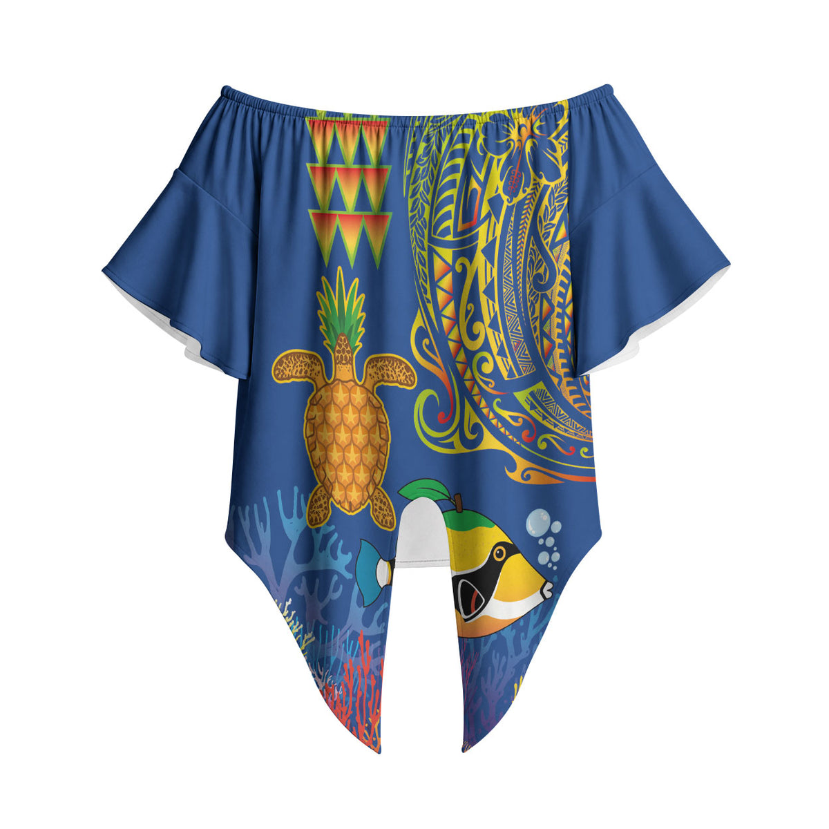 Hawaii Ocean Off Shoulder Wrap Waist Top Pineapple Turtle and Mango Reef Triggerfish and Kakau Tattoo LT03 - Polynesian Pride