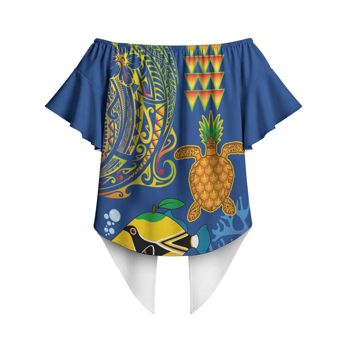 Hawaii Ocean Off Shoulder Wrap Waist Top Pineapple Turtle and Mango Reef Triggerfish and Kakau Tattoo LT03 - Polynesian Pride