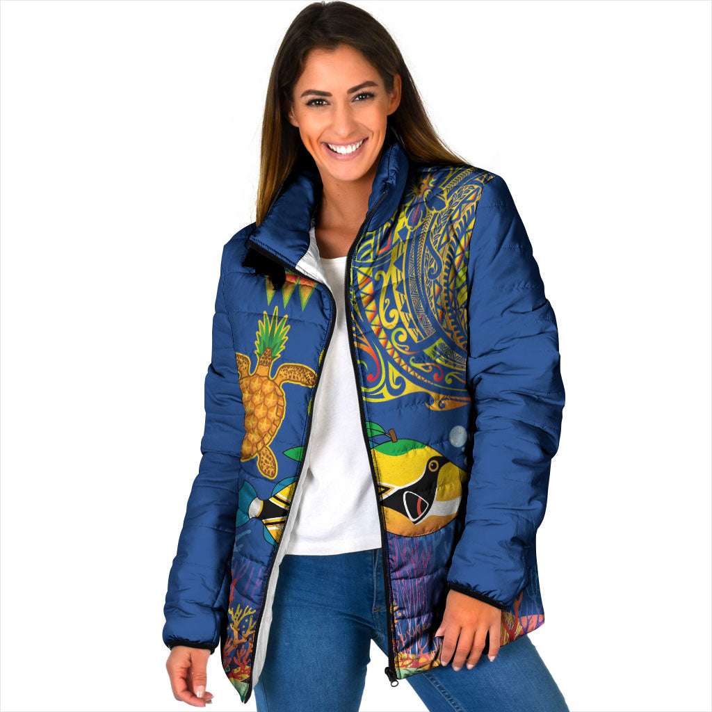 Hawaii Ocean Padded Jacket Pineapple Turtle and Mango Reef Triggerfish and Kakau Tattoo LT03 Women Multicolor - Polynesian Pride