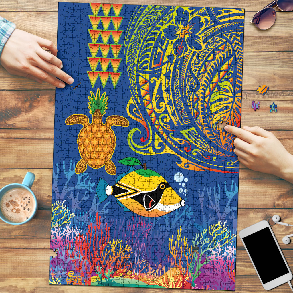 Hawaii Ocean Puzzle Pineapple Turtle and Mango Reef Triggerfish and Kakau Tattoo LT03 Multicolor - Polynesian Pride