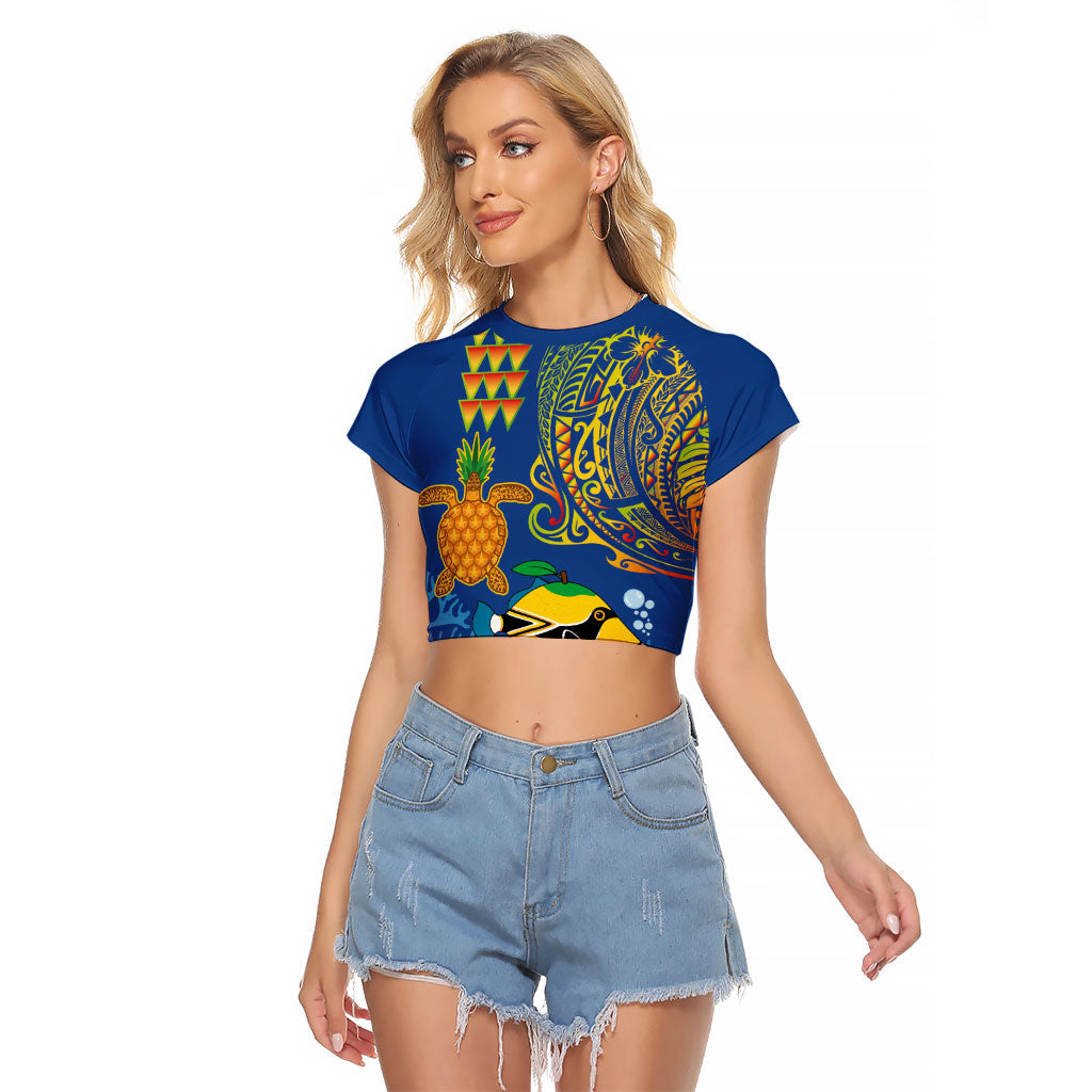 Hawaii Ocean Raglan Cropped T Shirt Pineapple Turtle and Mango Reef Triggerfish and Kakau Tattoo LT03 Female Multicolor - Polynesian Pride