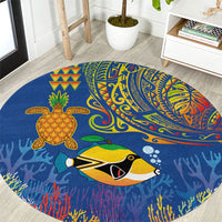 Hawaii Ocean Round Carpet Pineapple Turtle and Mango Reef Triggerfish and Kakau Tattoo LT03 Multicolor - Polynesian Pride