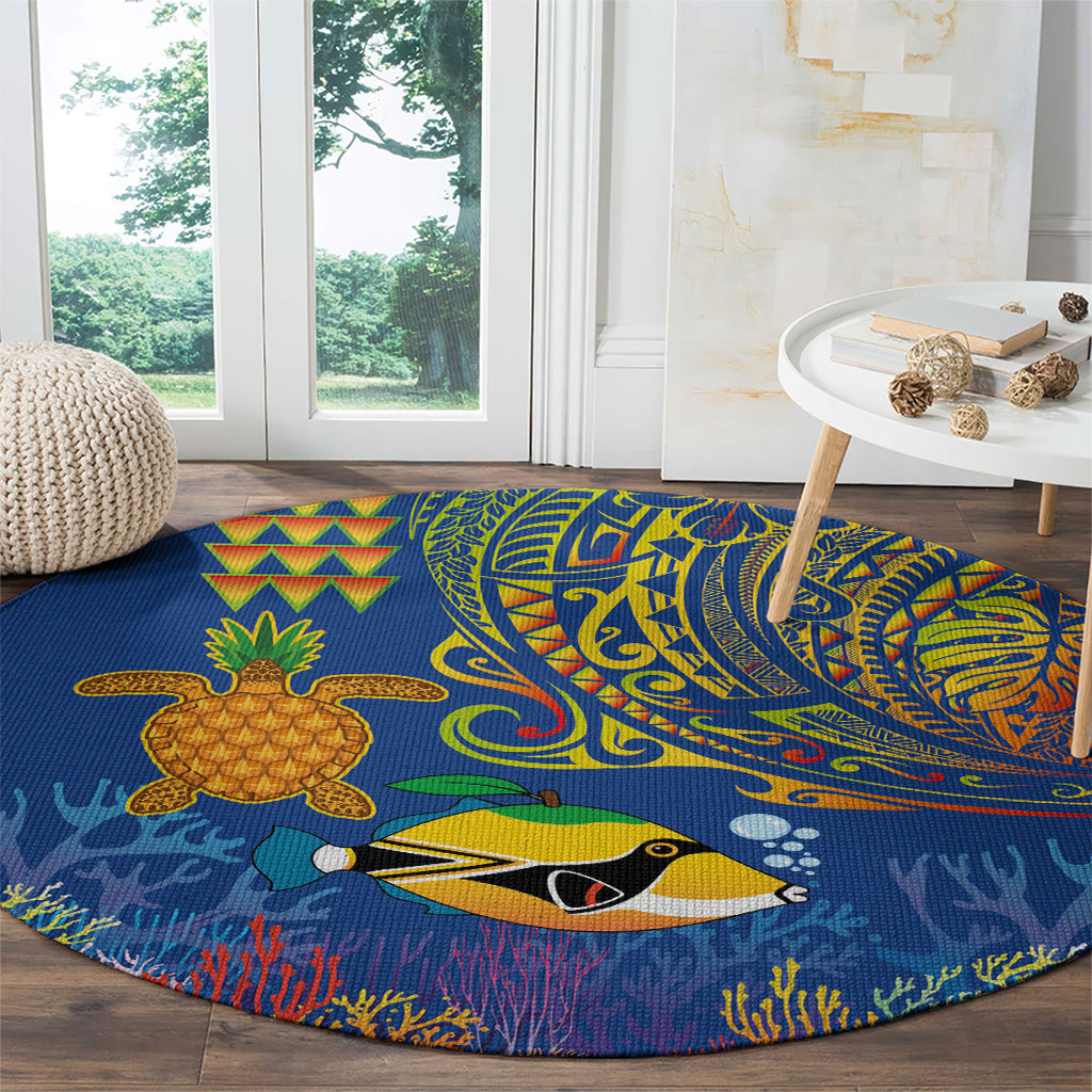 Hawaii Ocean Round Carpet Pineapple Turtle and Mango Reef Triggerfish and Kakau Tattoo LT03 - Polynesian Pride