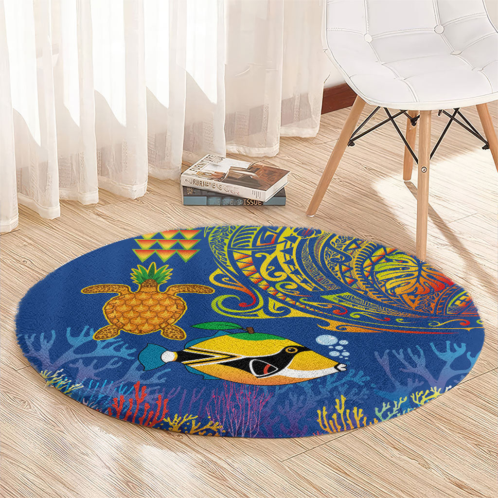 Hawaii Ocean Round Carpet Pineapple Turtle and Mango Reef Triggerfish and Kakau Tattoo LT03 - Polynesian Pride