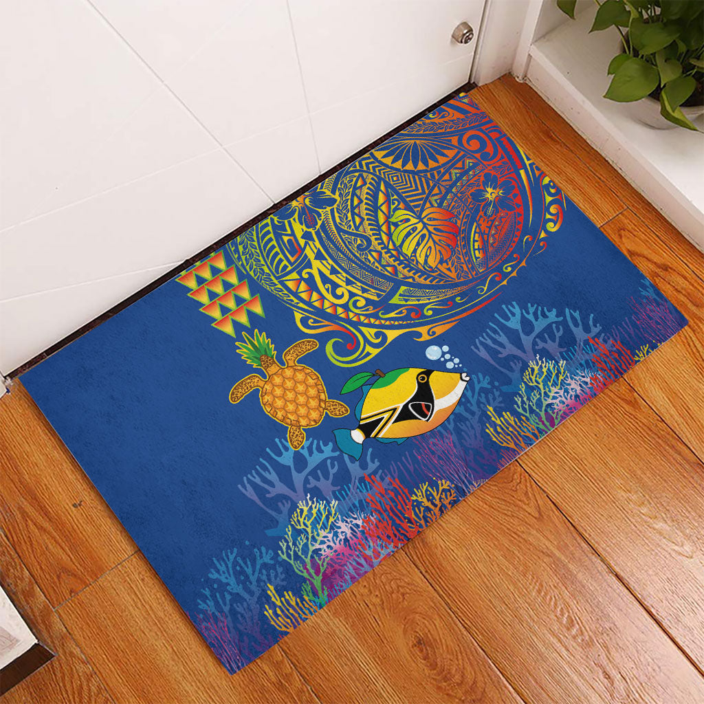 Hawaii Ocean Rubber Doormat Pineapple Turtle and Mango Reef Triggerfish and Kakau Tattoo LT03 - Polynesian Pride