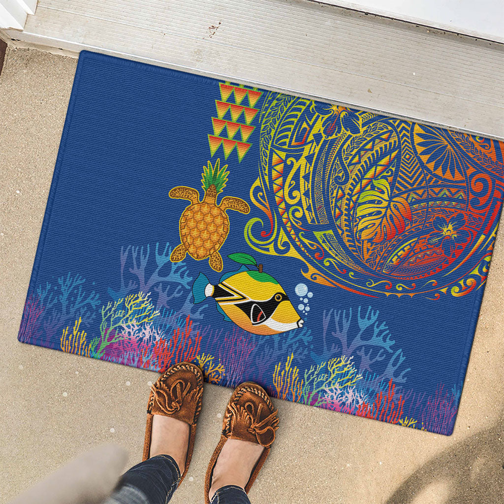 Hawaii Ocean Rubber Doormat Pineapple Turtle and Mango Reef Triggerfish and Kakau Tattoo LT03 - Polynesian Pride