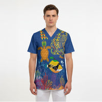 Hawaii Ocean Scrub Top Pineapple Turtle and Mango Reef Triggerfish and Kakau Tattoo LT03 - Polynesian Pride