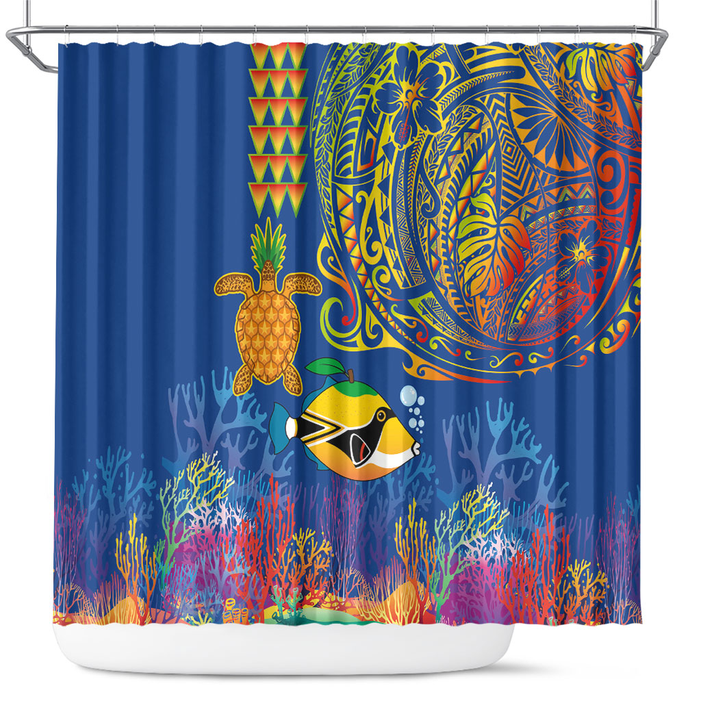 Hawaii Ocean Shower Curtain Pineapple Turtle and Mango Reef Triggerfish and Kakau Tattoo LT03 Multicolor - Polynesian Pride