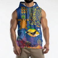 Hawaii Ocean Sleeveless Hoodie Pineapple Turtle and Mango Reef Triggerfish and Kakau Tattoo LT03 - Polynesian Pride