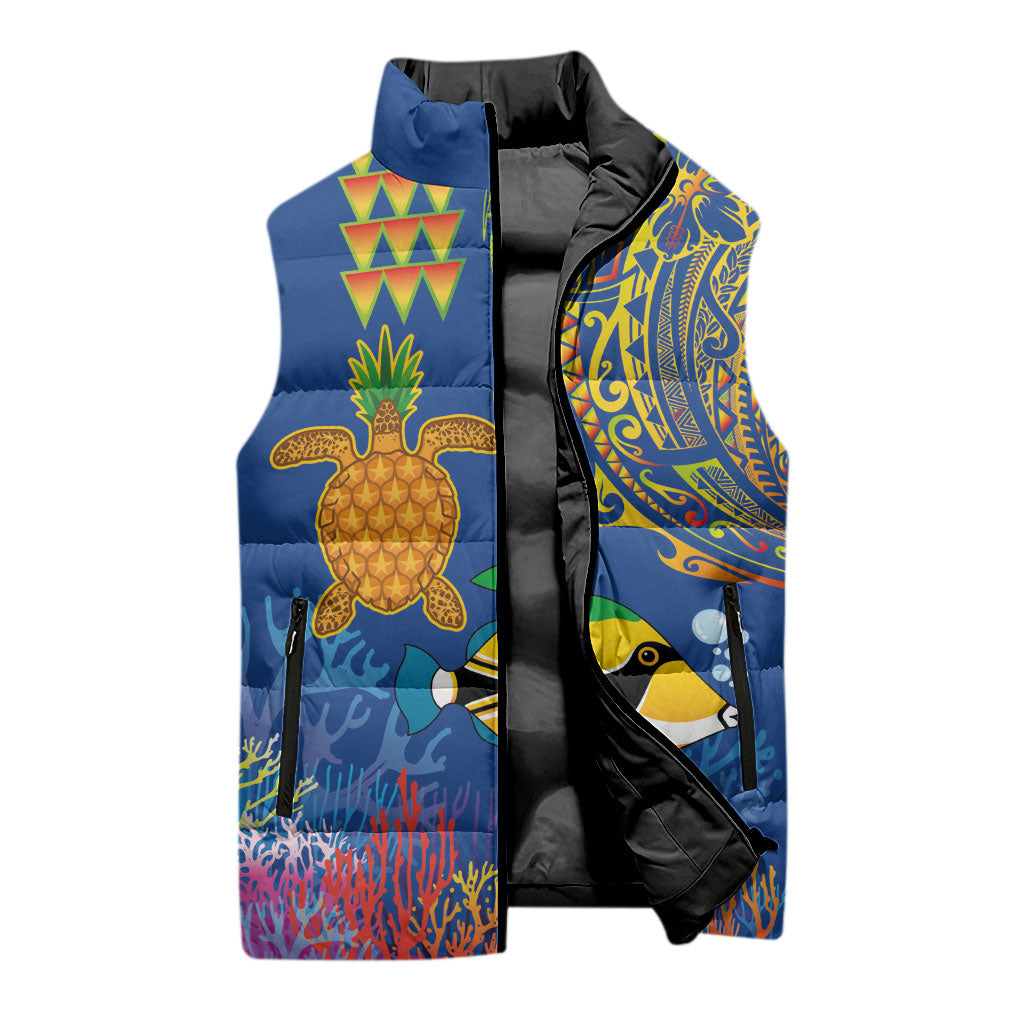 Hawaii Ocean Sleeveless Puffer Jacket Pineapple Turtle and Mango Reef Triggerfish and Kakau Tattoo LT03 - Polynesian Pride