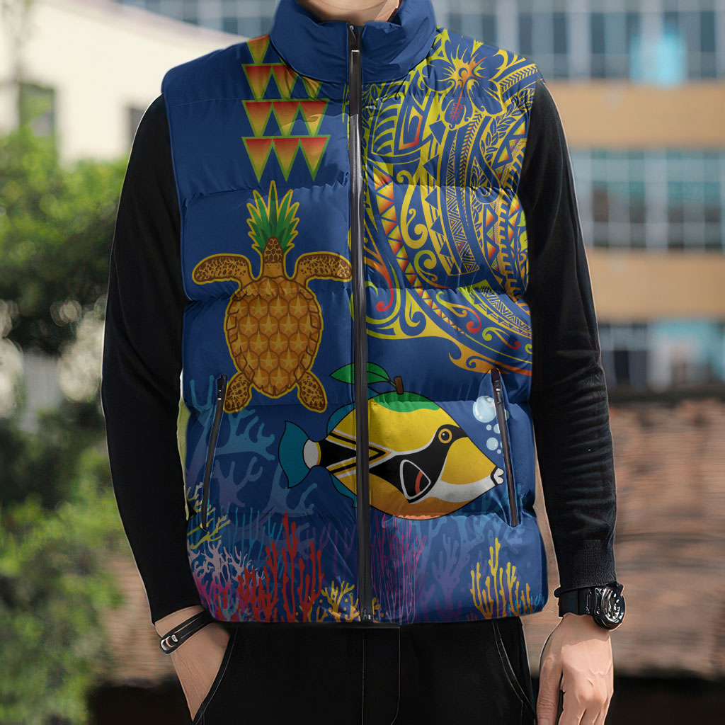 Hawaii Ocean Sleeveless Puffer Jacket Pineapple Turtle and Mango Reef Triggerfish and Kakau Tattoo LT03 - Polynesian Pride