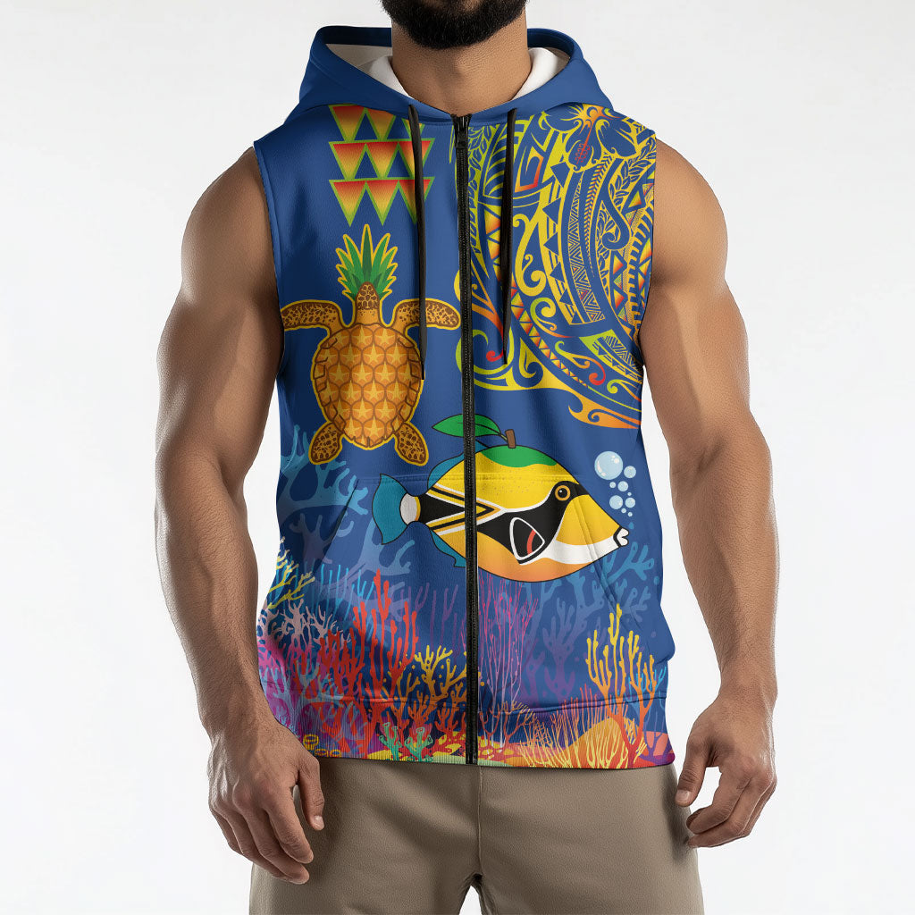 Hawaii Ocean Sleeveless Zip Hoodie Pineapple Turtle and Mango Reef Triggerfish and Kakau Tattoo LT03 - Polynesian Pride