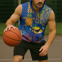 Hawaii Ocean Sleeveless Zip Hoodie Pineapple Turtle and Mango Reef Triggerfish and Kakau Tattoo LT03 - Polynesian Pride