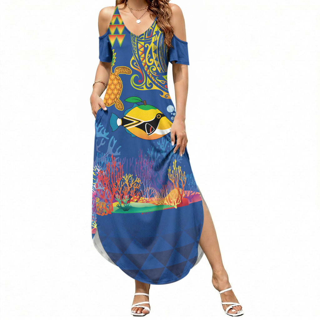 Hawaii Ocean Summer Maxi Dress Pineapple Turtle and Mango Reef Triggerfish and Kakau Tattoo LT03 Women Multicolor - Polynesian Pride