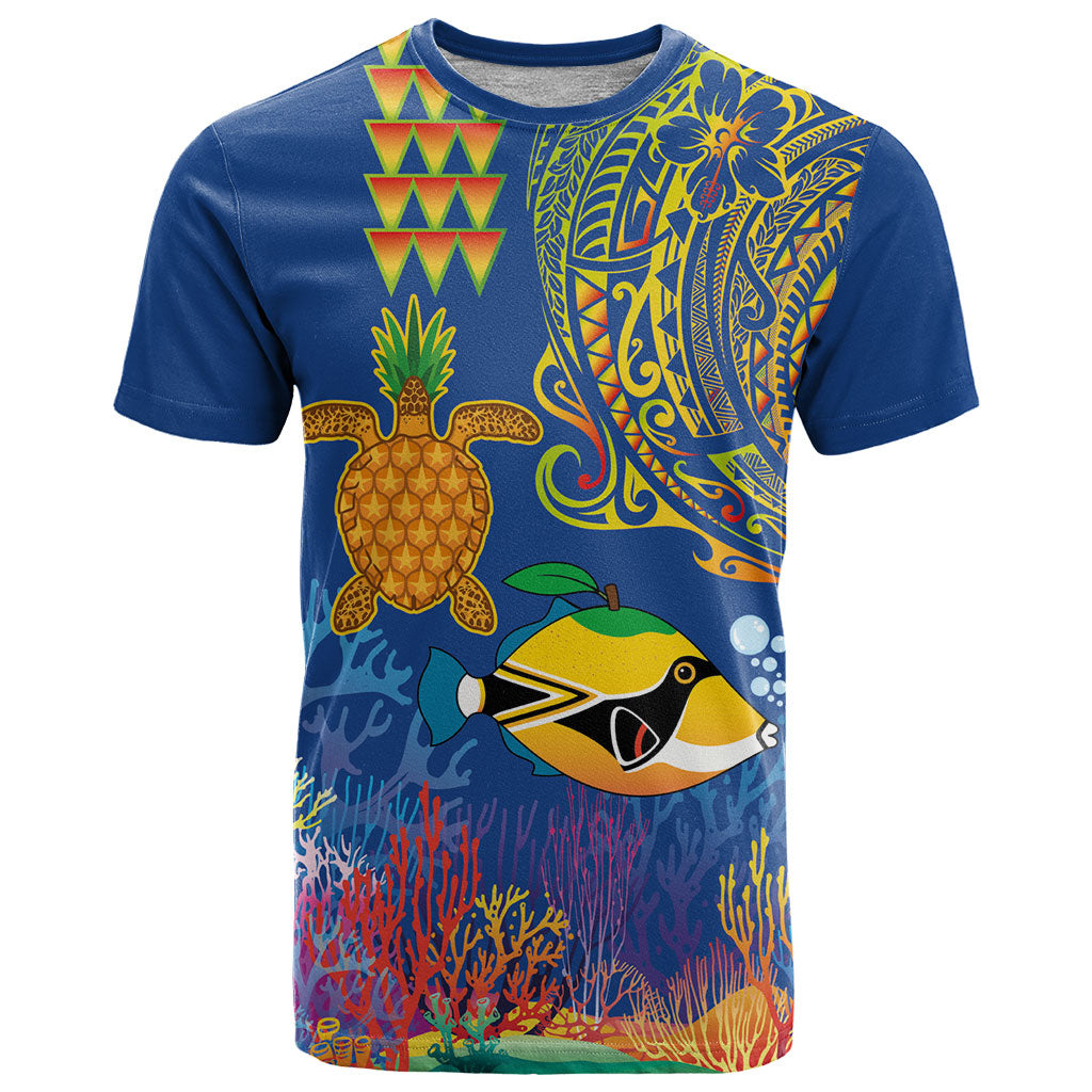 Hawaii Ocean T Shirt Pineapple Turtle and Mango Reef Triggerfish and Kakau Tattoo LT03 Multicolor - Polynesian Pride
