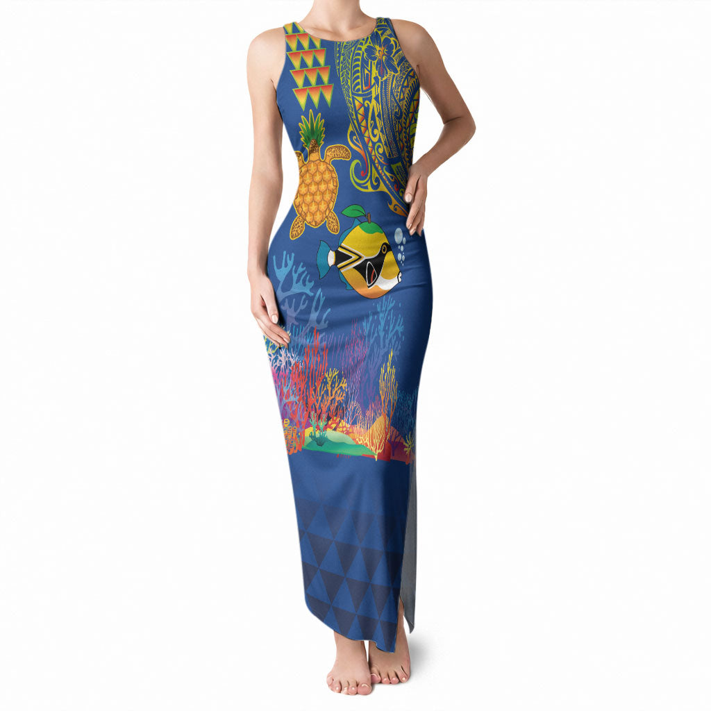 Hawaii Ocean Tank Maxi Dress Pineapple Turtle and Mango Reef Triggerfish and Kakau Tattoo LT03 Women Multicolor - Polynesian Pride